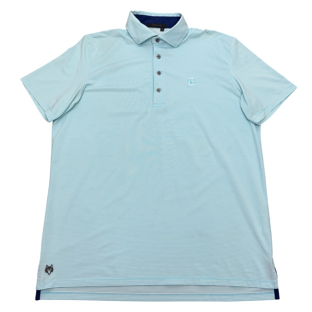Greyson Polo Shirt Mens Large L Blue White Striped Performance Golf Oakmont CC